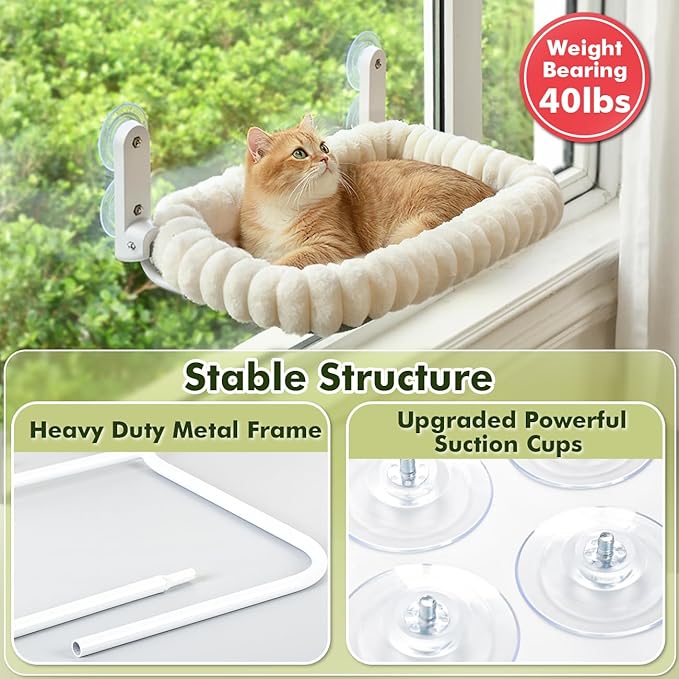 Cat Window Perch with Bolster, Cordless Foldable Cat Window Hammock with Strong Suction Cups & Metal Frame, Machine Washable Pet Bed for Indoor Cats (White, Medium)