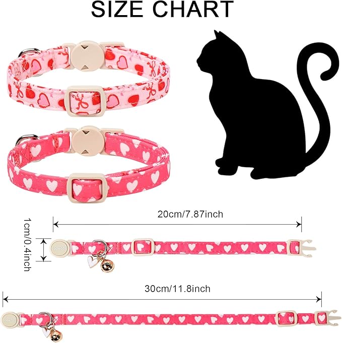 Valentine's Day Cat Collar,2 Pack Cat Collars Breakaway with Bell, DOGWONG Safety Buckle Cat Collar Blue Heart for Girl Boy Cats and Small Dogs，Adjustable 7-12 Inch,Pet Supplies Accessories