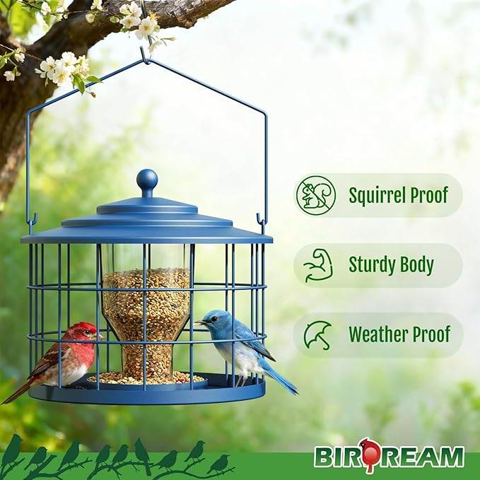 Squirrel Proof Bird Feeder, Metal Cage Bird Feeder for Outdoors Hanging, Starling Resistant Design for Small Birds, Weatherproof with Drain Holes, Easy to Refill, Blue
