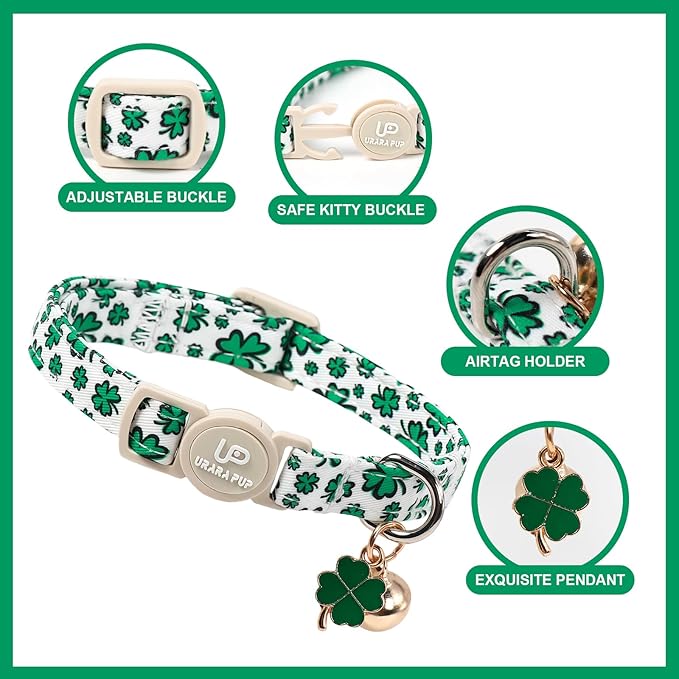 Cat Collar,2Pack St.Patrick's Day Cat Collars Cute Breakaway Kitty Collars,Spring Green Shamrock Cat Collar with Bell, Lucky Clover Kitten Collars with Safety Buckle for Girl & Boy Cats