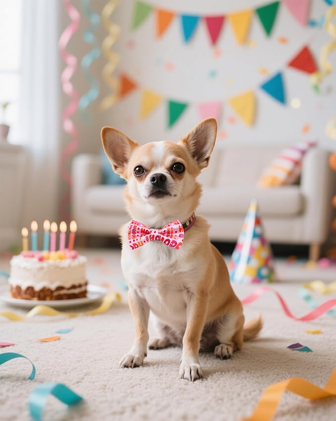 PET SHOW 5 Pack Happy Birthday Small Dog Bow Ties Sliding Collar Attachment Puppies Cats Pet Bowties for Party Balloon Cake Bowknots Collar Charms Grooming Accessories