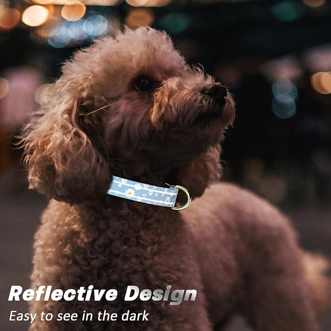 Reflective Dog Collar for Medium Dogs, Cute Daisy Theme Adjustable Heavy-Duty Nylon Puppy Collar for Boy and Girl Female, Soft Pet Accessories with Quick Release Buckle, Neck 14-20", Blue