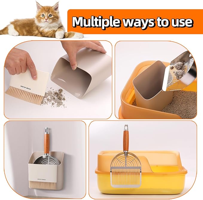Stainless Steel Metal Cat Litter Scoop with Holder, Small Broom & Dustpan - Durable, Anti-Break Handle, Dual-Width Holes for Quick Clean