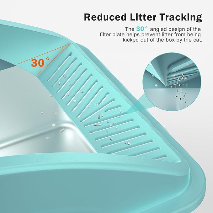 Stainless Steel Litter Box | XL Enclosed Cat Litter Boxs with Lid for Big Cats | High Sided, Anti-Urine Leakage | Non-Stick Bottom & Includes Litter Mat & Metal Scoop (Turquoise, X-Large)
