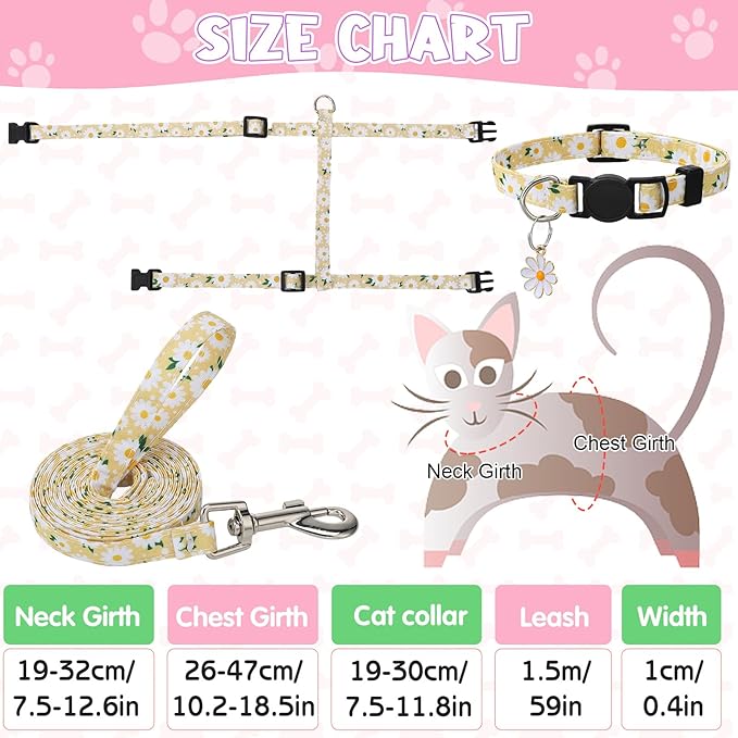 2 Pack Floral Cat Harness and Leash, Escape Proof Adjustable Kitten Harness with Leash Collar, Lightweight Soft and Comfortable for Small Medium Cat Safe Walking and Travel