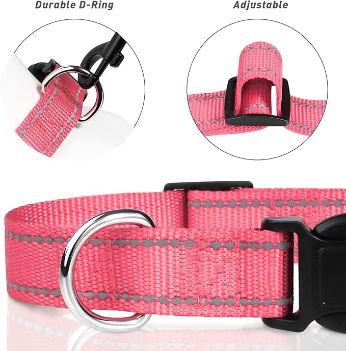 TagME Reflective Nylon Dog Collars, Adjustable Classic Pet Collar with Quick Release Buckle for Puppy, Baby Pink, 3/8" Width