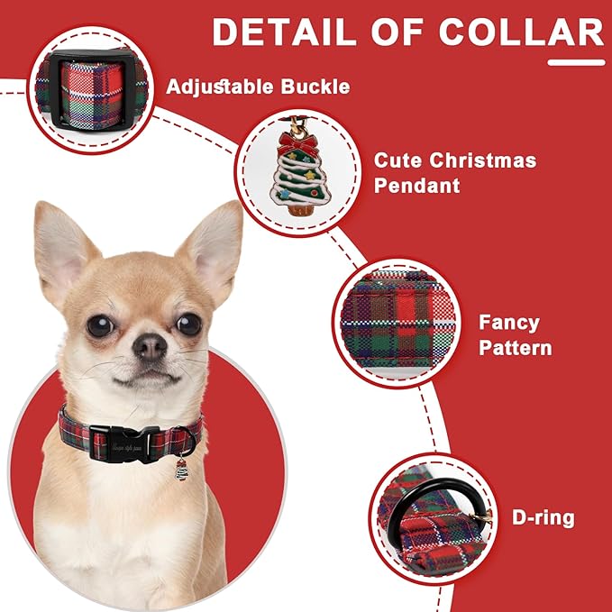 Christmas Dog Collar, Unique Style Paws Red Green Grids Dog Collar for Christmas Comfortable Red Pet Collar with Lightweight Plastic Buckle for Holiday, Fancy Dog Gift