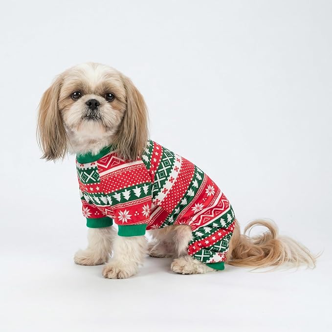 Fitwarm Dog Christmas Outfit, Holiday Pet Clothes for Small Dogs Boy Girl, Festive Pajamas with Feet, Puppy Onesie, Red, Green, XL