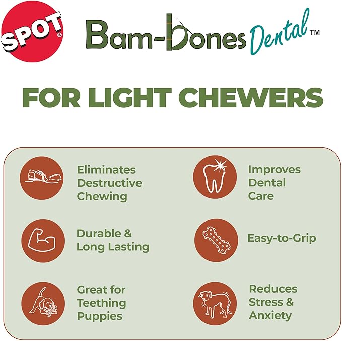 SPOT Bam-Bones Dental X-Bone - Made with Bamboo Fiber and a Massaging Rubber Center, Durable Oral Care Dog Chew for Light Chewers & Teething Puppies under 25lbs, 6in Allergen Free Peanut Butter Flavor