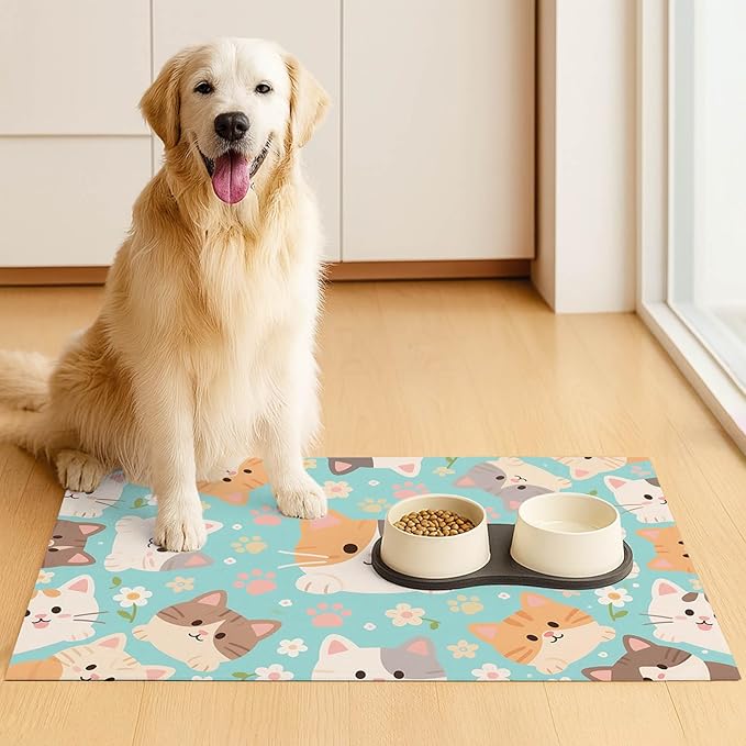 Cat Feeding Mat 24x16 inch Blue Kitten Print Pet Bowl Placemat Non Slip Floor Mat for Food and Water Indoor Kitty Feeding Station Cute Meal Pad for Small Pets Kitchen Use