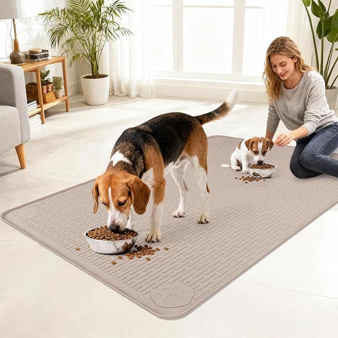 Lanstics Dog Food Mat, 40" x 28" Large Silicone Mat Dog Feeding Mat with Raised Edge Non-Slip Pet Feeding Mat for Food and Water Bowl, Easy to Clean, Floor Protection (Khaki)