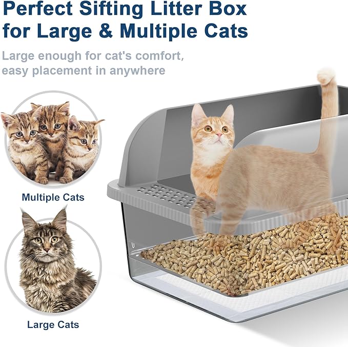 7" Deep Stainless Steel Sifting Litter Box for Pine Pellets, XL Stainless Steel Litter Box with Lid, Removable & Anti-Leakage, High Sides Metal Cat Litter Boxes for Big Cat, Non-Sticky, Easy Cleaning