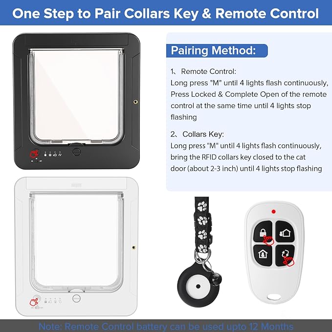 Smart Cat Door for Interior & Exterior, Cat Pet Door with 3 Collar Sensor Keys & 1 Remote Control & 4 Way Locking Cat Flap with RFID Collar Activated Opening