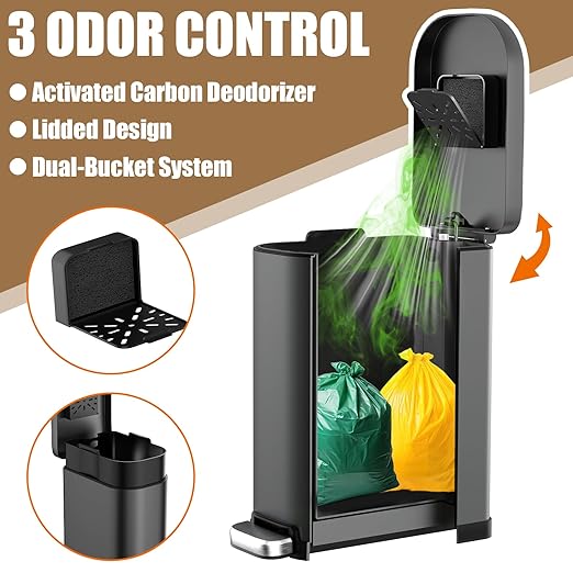 Dog Poop Trash Can Outside with Odor Control Lid & Step Pedal, 3.2Gal Stainless Steel Outdoor Trash Can, Waterproof Dog Waste Container - Includes 3 Carbon Filters & Bin Bag Holder