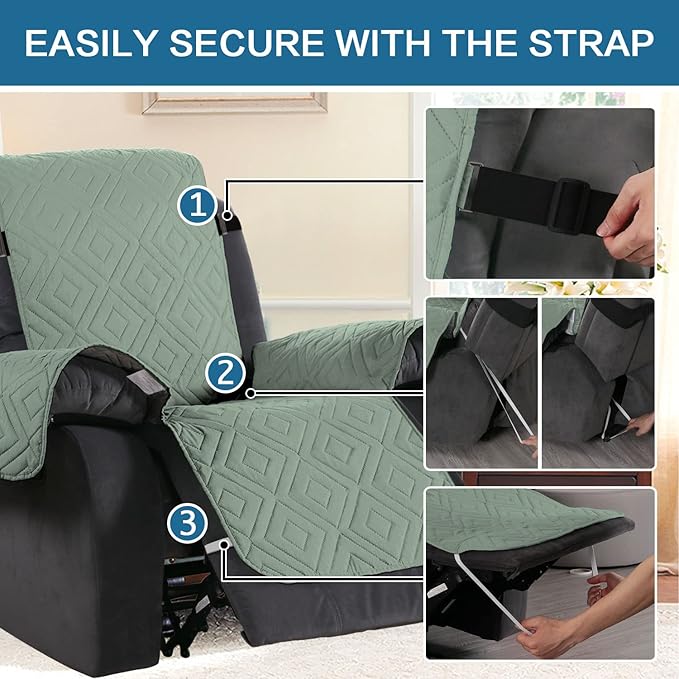 H.VERSAILTEX Reversible Quilted Recliner Covers Water Resistant Furniture Protector for Reclienr Chair with Elastic Straps for Pets Kids Sitting Width Up to 22"(Recliner, Desert Sage/Beige)