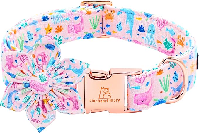 Lionheart glory Dog Collar Flower Pink Dog Collars with Flower Summer Cute Sea Animals Print Collar Dog Female Soft Durable Adjustable Dog Collars for Large Dogs