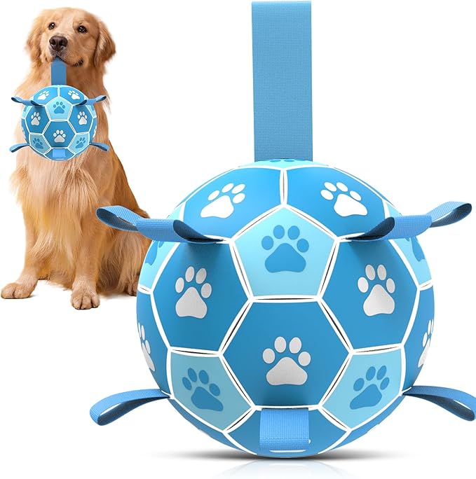 QDAN Dog Soccer Balls Toys : Premium Dog Soccer Ball with Straps, Outdoor Dog Toys, Pet Training Soccer for Medium Large (8 Inch)