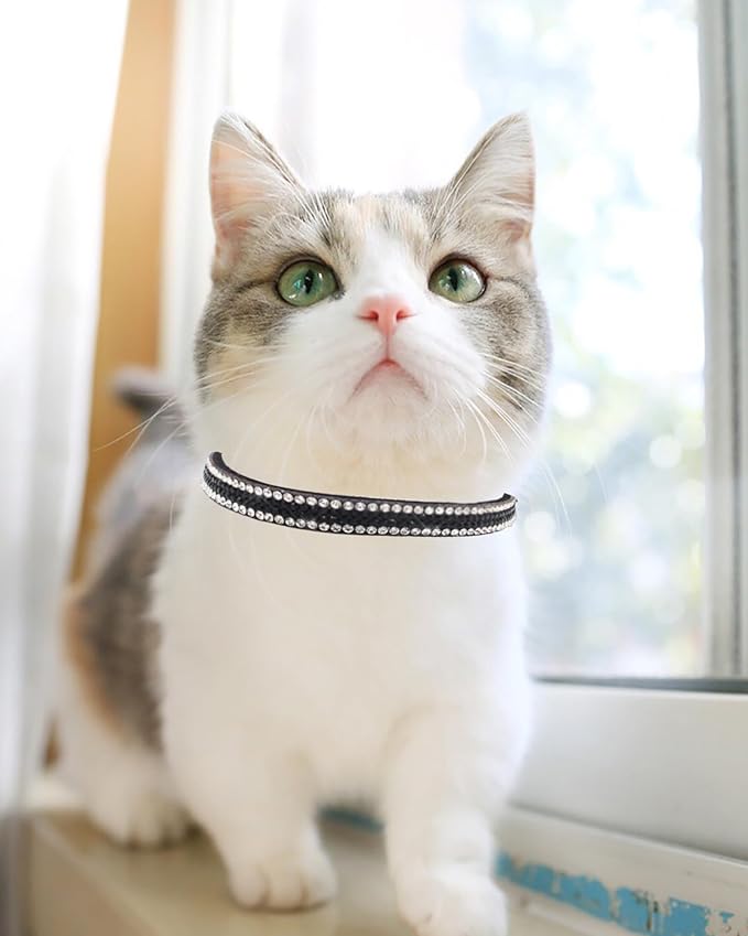 Cat Collars for Girl Cats with Rhinestone Soft Velvet,Breakaway Cat Collars with Bell,Adjustable Safe Kitten Collar (Black White)