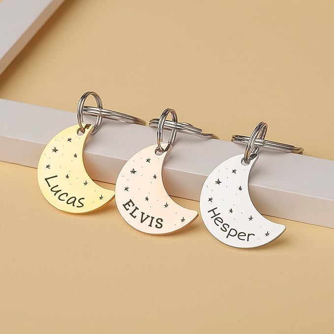 Anavia Small Size Dog Cat ID Tags, Small/XS Personalized Color Plated Stainless Steel Puppy Kitten Name Tags, Customized Engraved Nameplate Pet Collar Tag (Black, Moon)