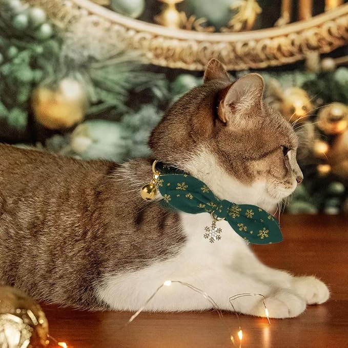 Bunny Ear Christmas Bowtie Cat Collar with Bell 2 Pack Cotton Breakaway Snowflakes Holiday Kitten Collars(Red+Green)