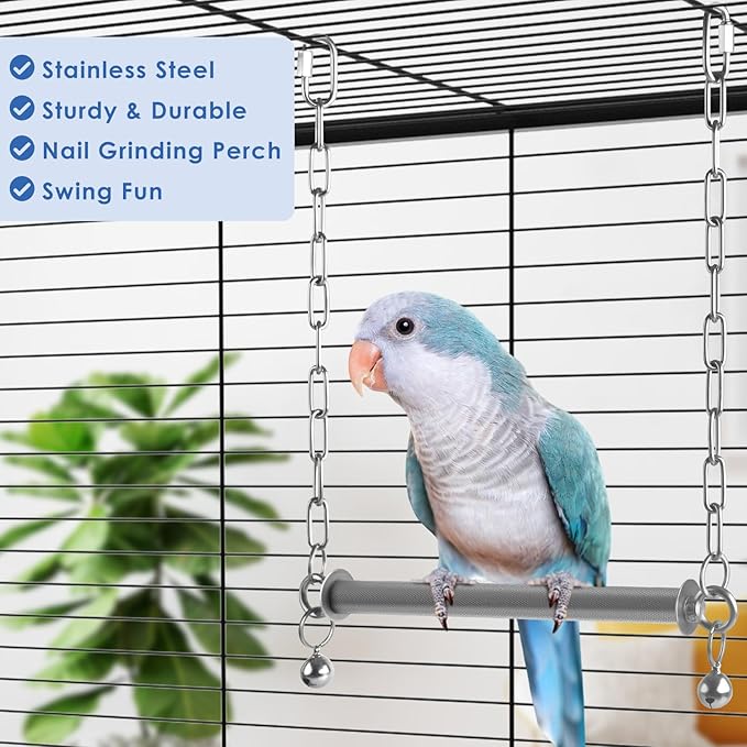 Stainless Steel Large Bird Swing, Hanging Heavy Duty Parrot Swings Perches Stand Toys with Bell, Claw Grinding Birdcage Accessories for Macaw Afican Grey Amazon Cockatoo