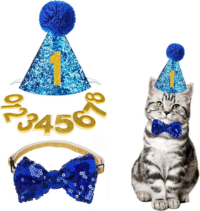 Christmas Pet Party Jazz Hat and Blingbling Bow Tie Breakaway Collar Set, Adjustable Headband for Kitten Puppy Small Dogs Cats (Royal Blue+Number)