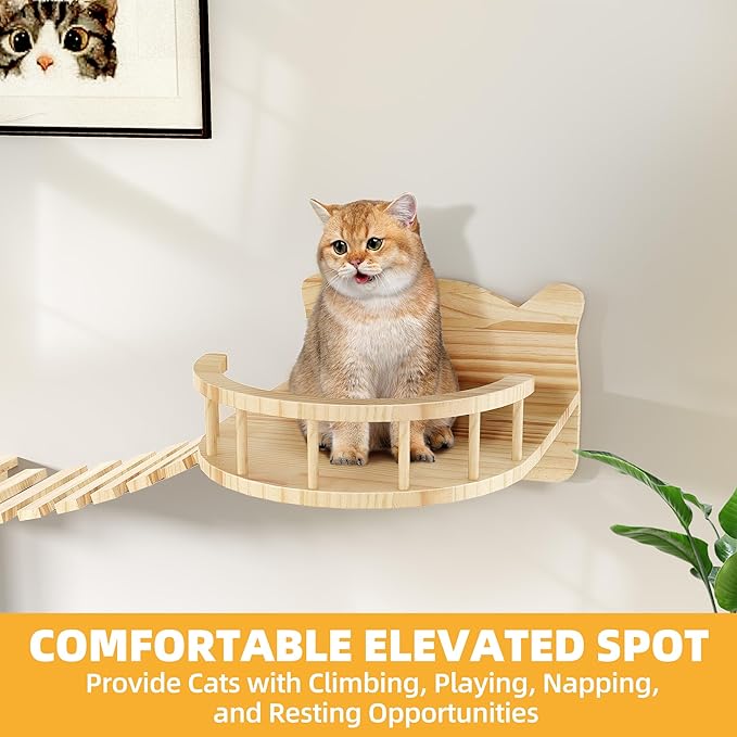 18-in-1 Cat Wall Shelves, Cat Wall Furniture Pine Wooden Wall Mounted Cat Shelf, Floating Cat Shelves Set and Perches, Condos, House, Steps, Bridge Ladder, Scratching Post and Tunnel