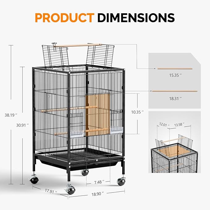 VINGLI Bird Cage with Wheels, Durable Wrought Iron Parakeet Cage with Slide Out Tray, Black Bird Cages for Parakeets/Lovebird/Cockatiels/Budgies and Other Small/Medium Birds (Medium-38 inch)