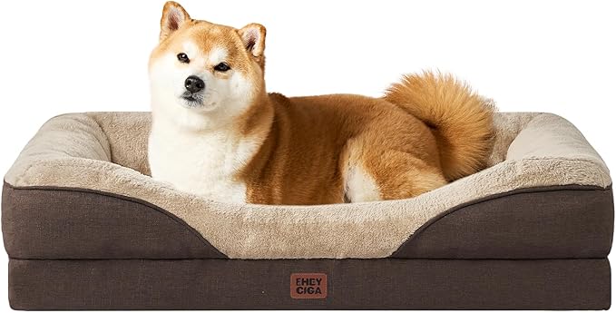 EHEYCIGA Orthopedic Dog Bed for Medium Dog, 35x22x6.5 Inch Memory Foam Dog Couch Bed with Sides, Waterproof Liner & Washable Removable Cover, Bolster Pet Sofa, Brown