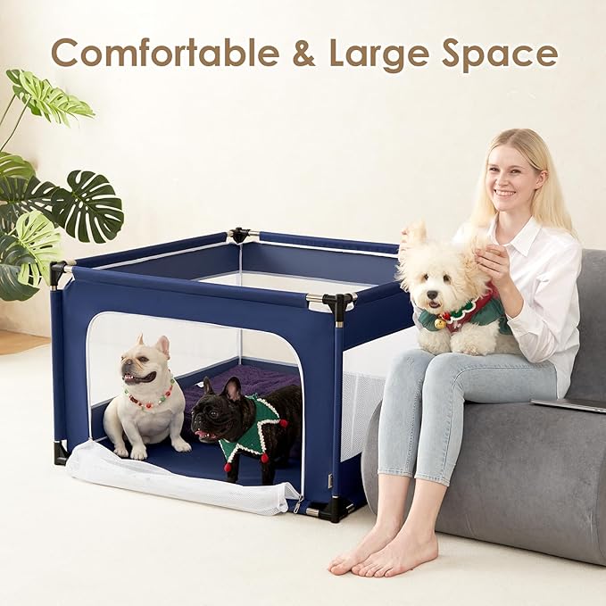 EHEYCIGA 42x42x26 Inches Puppy Playpen Without Top Cover for Dogs & Cats Indoor or Outdoor - Dog Playpen with Door, Dog Fence for Small Animal with Heavy-Duty Oxford & Steel Frame, Navy