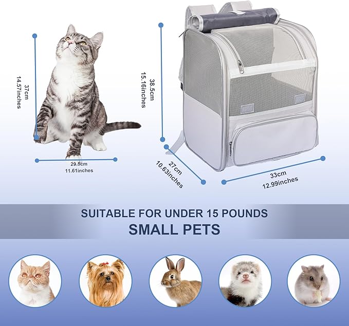 Pesen Cat Backpack Carrier, Breathable & Foldable Pet Carriers for Cats, Small Dogs and Rabbits Under 15 lbs, Airline Approved Dog & Cat Carrier Backpack for Hiking, Travel, Camping, Light Gray