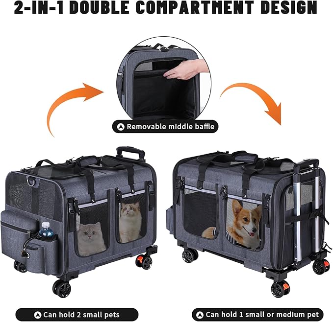 Cat Carrier for 2 Cats,Cat Carrier with Wheels for Cats and Dogs, Foldable Double Pet Carrier, Rolling Dog Carrier with Detachable Wheels and Telescopic Handle,2 Front Zippered Compartments Gray