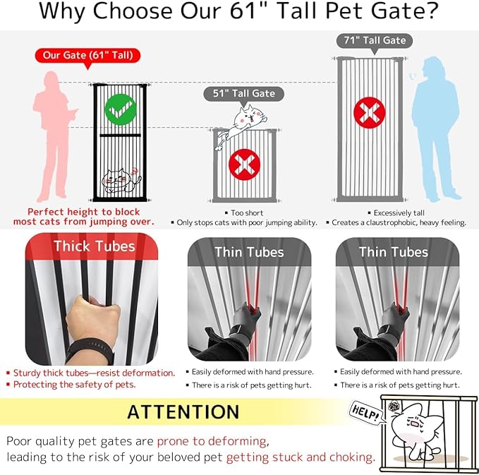 Lumizone Extra Tall Cat Gate 61.02" High Pressure Mounted Extra Wide 50.79"-55.11" (17Sizes) 1.37" Gap No Drilling Auto-Close Tall Pet Gate for Dogs (Black, 50.79"-55.11" W)