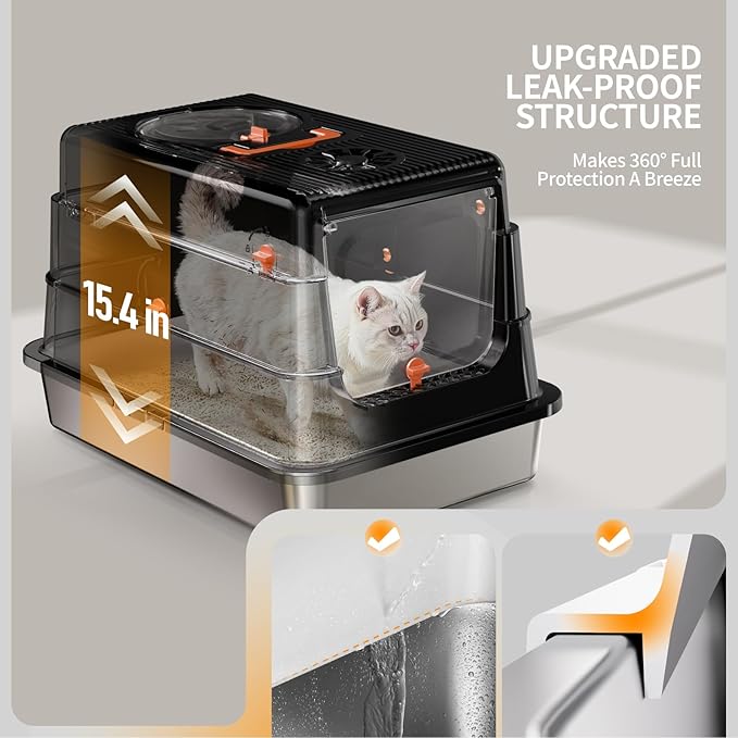 Stainless Steel Cat Litter Box with Lid, Enclosed Extra Large Metal Litter Pan for Big Cats, Full Flip Cover High Sided LitterBox Include Scoop, Easy Cleaning, Non-Stick, Black