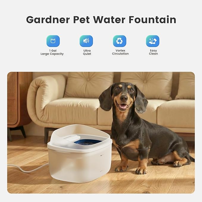Gardner Pet 1 Gallon Pet Water Fountain, Vortex Dog Water Dispenser, Ultra Quiet Automatic Cat Fountain with Filter, Splash-Proof, Easy to Clean,Without Adapter(White)