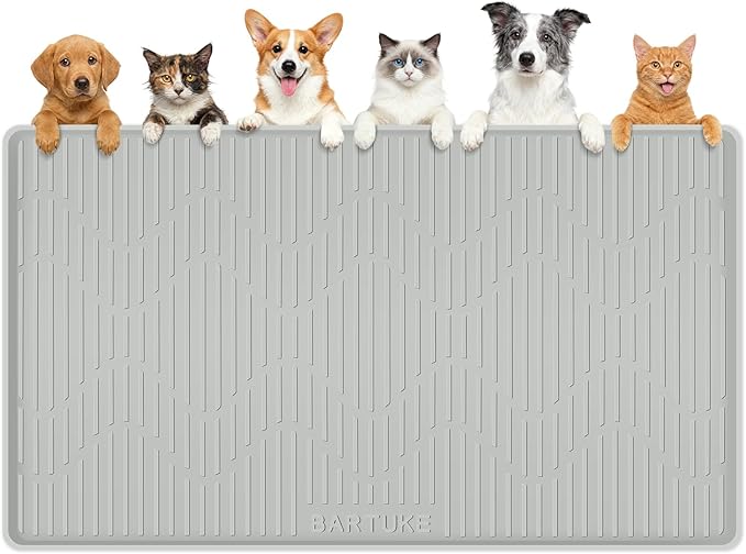 Silicone Cat & Dog Food Mat, 50" x 34" Extra Large Pet Feeding Mat for Cats and Dogs Bowl, Pet Placemat for Food and Water with Raised Edge, Waterproof, Leakproof (Grey)