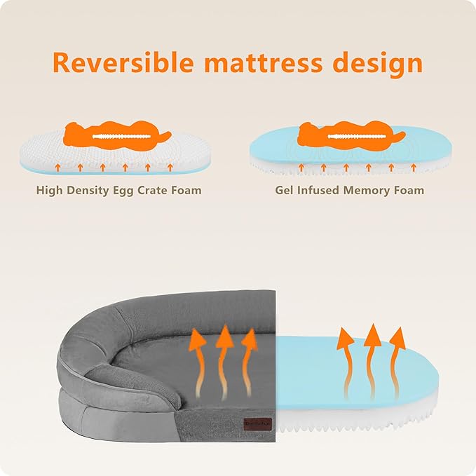 Dwanton Orthopedic Dog Bed for Large Dogs with Gel Memory Foam, Waterproof Dog Sofa, Washable Pet Bed with Four Sided Bolster Cushion, Removable Cover & Non-Slip Bottom, 42", Medium Gray