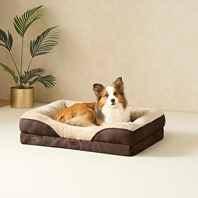 EHEYCIGA Orthopedic Dog Bed for Medium Dog, 35x22x6.5 Inch Memory Foam Dog Couch Bed with Sides, Waterproof Liner & Washable Removable Cover, Bolster Pet Sofa, Brown