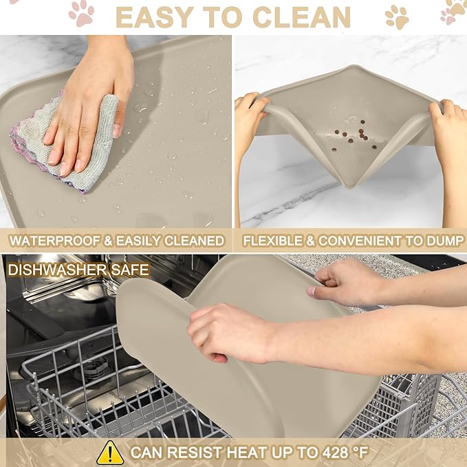 Silicone Pet Food Mat with Raised Edge for Food and Water Bowl, Dog Feeding Mats, Cat Food Trays for Floor Waterproof, Rubber Tray for Dogs and Cats, 19 x 12 x 0.7 Beige