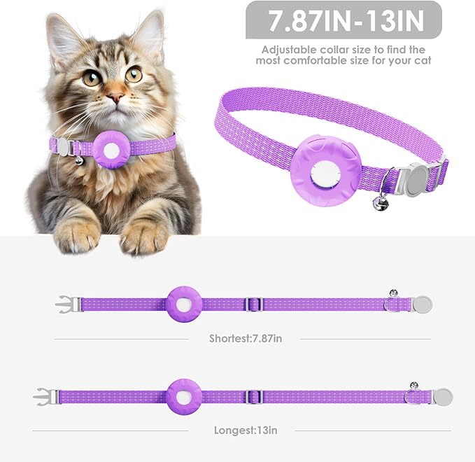 Cat Tracker, Waterproof Pet Tracker for Cats, Cat GPS Tracker Collar with Safety Elastic Buckle, Works with Any Collar, GPS Tracker Compatible with Apple Find My App (Only iOS), No Monthly Fee, Purple