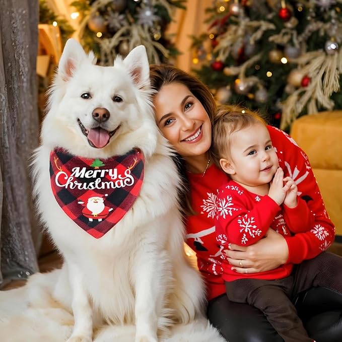 Christmas Dog Bandanas Classic Plaid Triangle Holiday Scarf with Santa and Snowman Print,Winter Pet Outfit for Boy and Girl Dogs,Red Green Plaid Dog Costume for Medium to Large Dogs