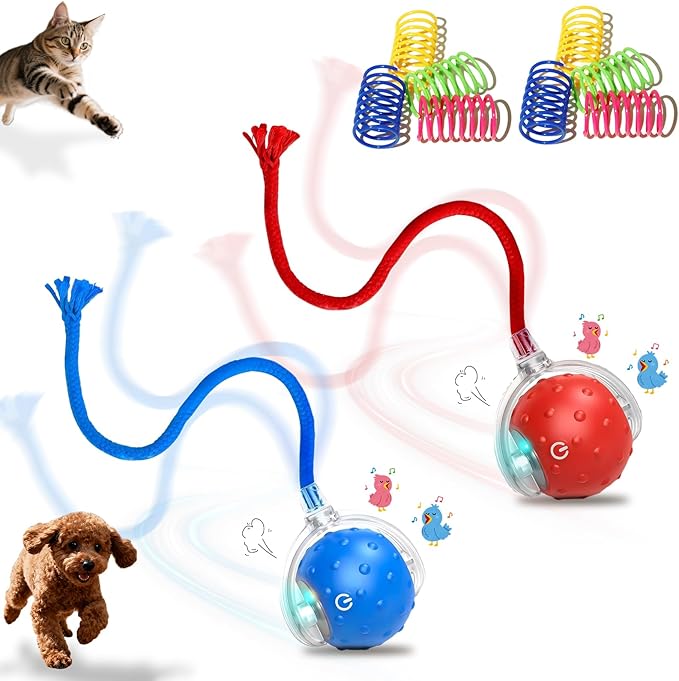 2-Pack Interactive Cat Toys Ball for Indoor Cats＆Dog,Automatic Cat Toy with Smart Obstacle Avoidance&Bird Chirps,Includes 8 Cat Spiral Spring,Cat Enrichment Toys for Indoor Cats(Red＆Blue)