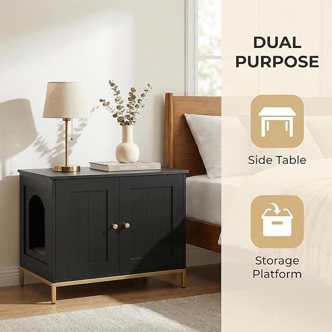 Homhedy Cat Litter Box Enclosure, Cat Washroom Furniture with Metal Frame, Pet House, Fit Most of Litter Box, Modern Style, Black and Gold