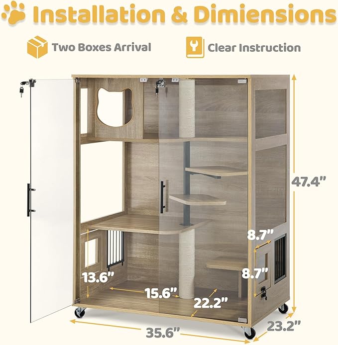 Lovupet Wooden Cat House with Scratching Posts, Luxury Large Cat Condo with Lockable Wheels, Indoor Kitten Cage with Escape Door, GC11