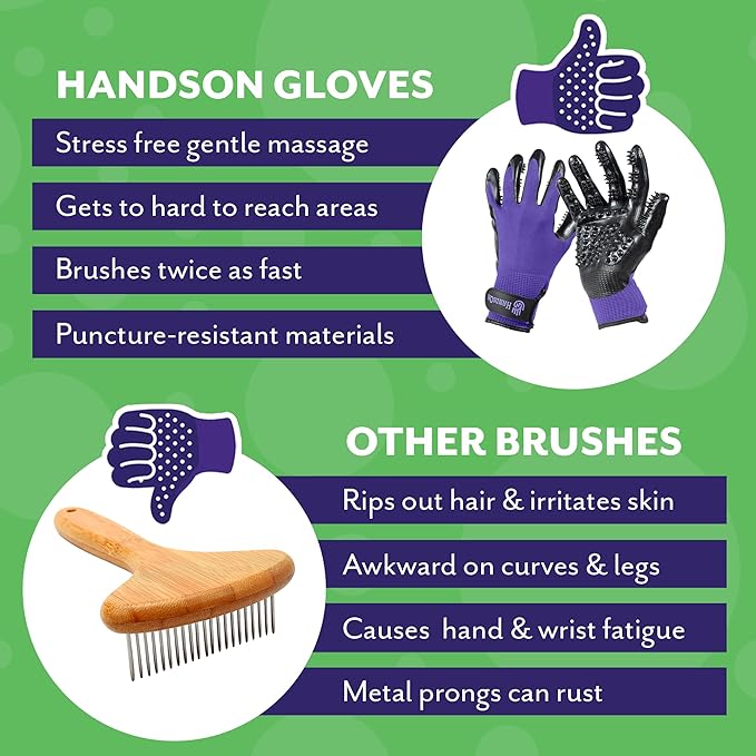 H HandsOn Pet Grooming Gloves - Patented #1 Ranked, Award Winning Shedding, Bathing, & Hair Remover Gloves - Gentle Brush for Cats, Dogs, and Horses (Green, Junior)