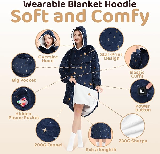 Mewaii Wearable Blanket Hoodie for Adults, Warm Sherpa & Soft Flannel Long Sweatshirt with Giant Pocket, Cozy Gifts for Women