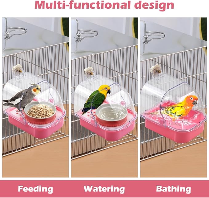 No Mess Bird Cage Feeder,2 in 1 Bird Feeder with Ceramic Bowl Parrot Bathtub with Bottom Drawer Hanging Shower Box for Birds Budgies Parakeet Small Parrot Cockatiels(Pink)