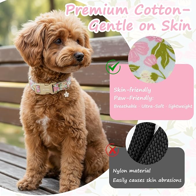 Dog Collar for Small Medium Large Dogs, Spring Blue Dog Collars with Pink & White Flowers, Adjustable Cotton Dog Collars, Cute Girl or Boy Dog Collar Ideal for Gifts,Pet Accessory,L
