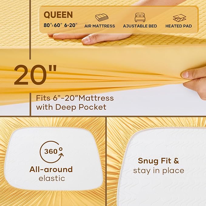 OhGeni 100% Waterproof Mattress Protector,Queen Size Mattress Soft Pad,Pet Hair & Bedwetting Resistant,Cooling Breathable Fitted Sheets,Washable Bed Cover,Non-Slip Deep Pocket,Noiseless,Yellow