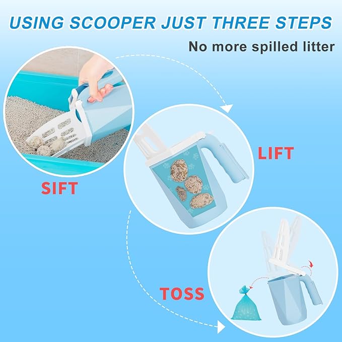 Cat Litter Scoop, Cat Litter Scooper with Holder for Litter Box Includes 10rolls (150pcs) Litter Bags, Large Shovel and Waste Storage Container, 3 in1 Portable Kitty Poop Disposal System (Blue)